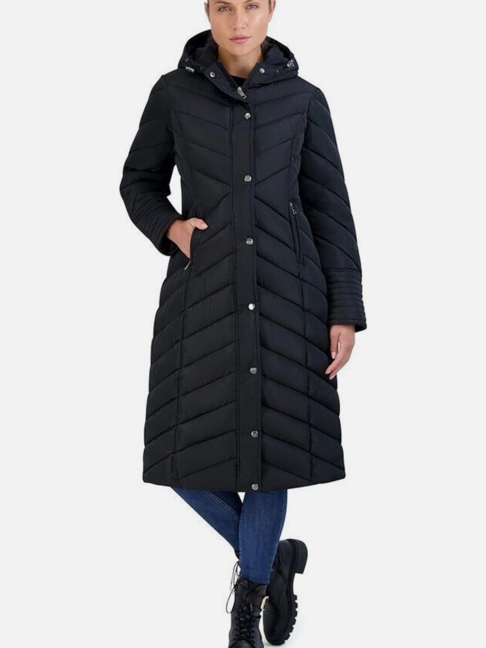 Madden Girl Women's Long Maxi Puffer in black featuring chevron quilting size M